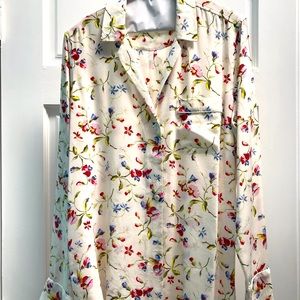 Long sleeve floral button front silk blouse